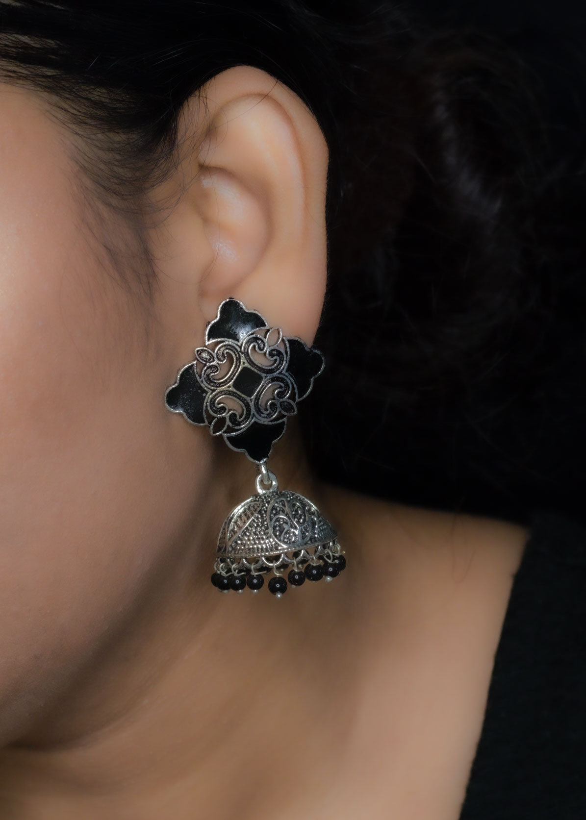 Silver Black Enamel Jhumka Earrings