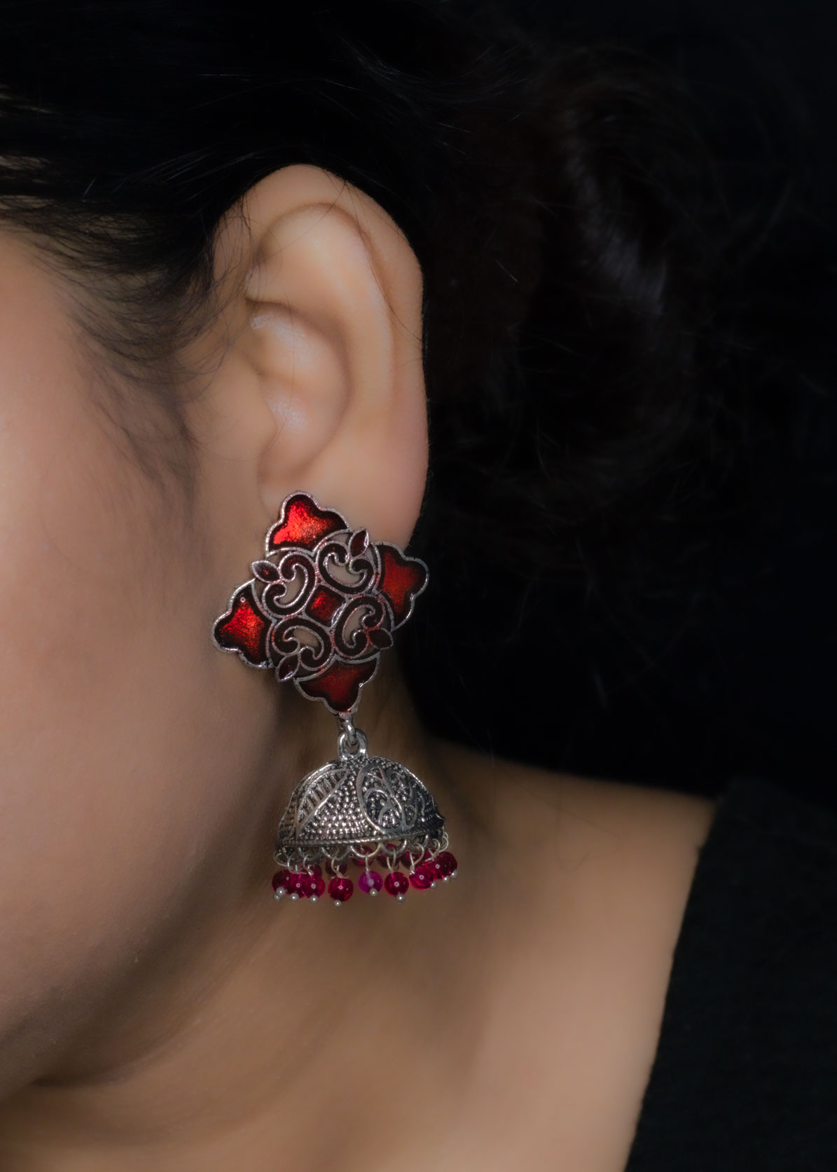 Silver Red Enamel Jhumka Earrings