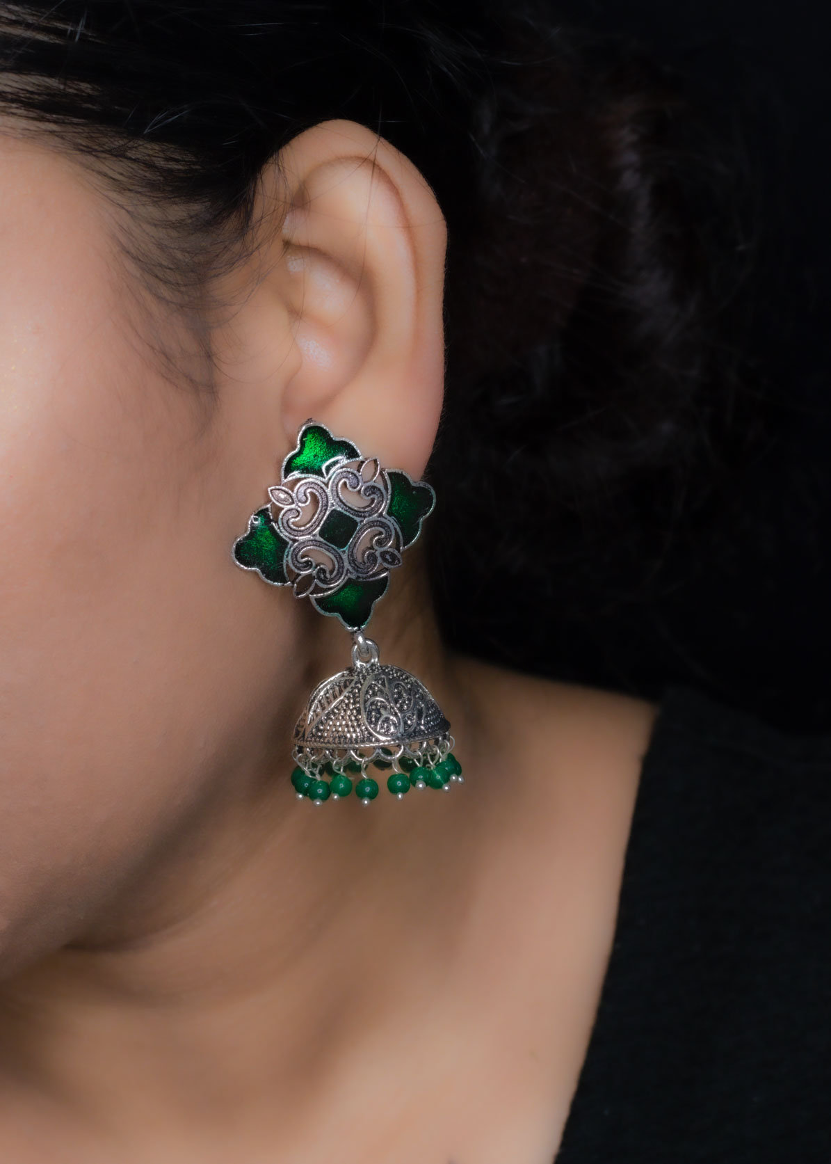 Silver Green Enamel Jhumka Earrings