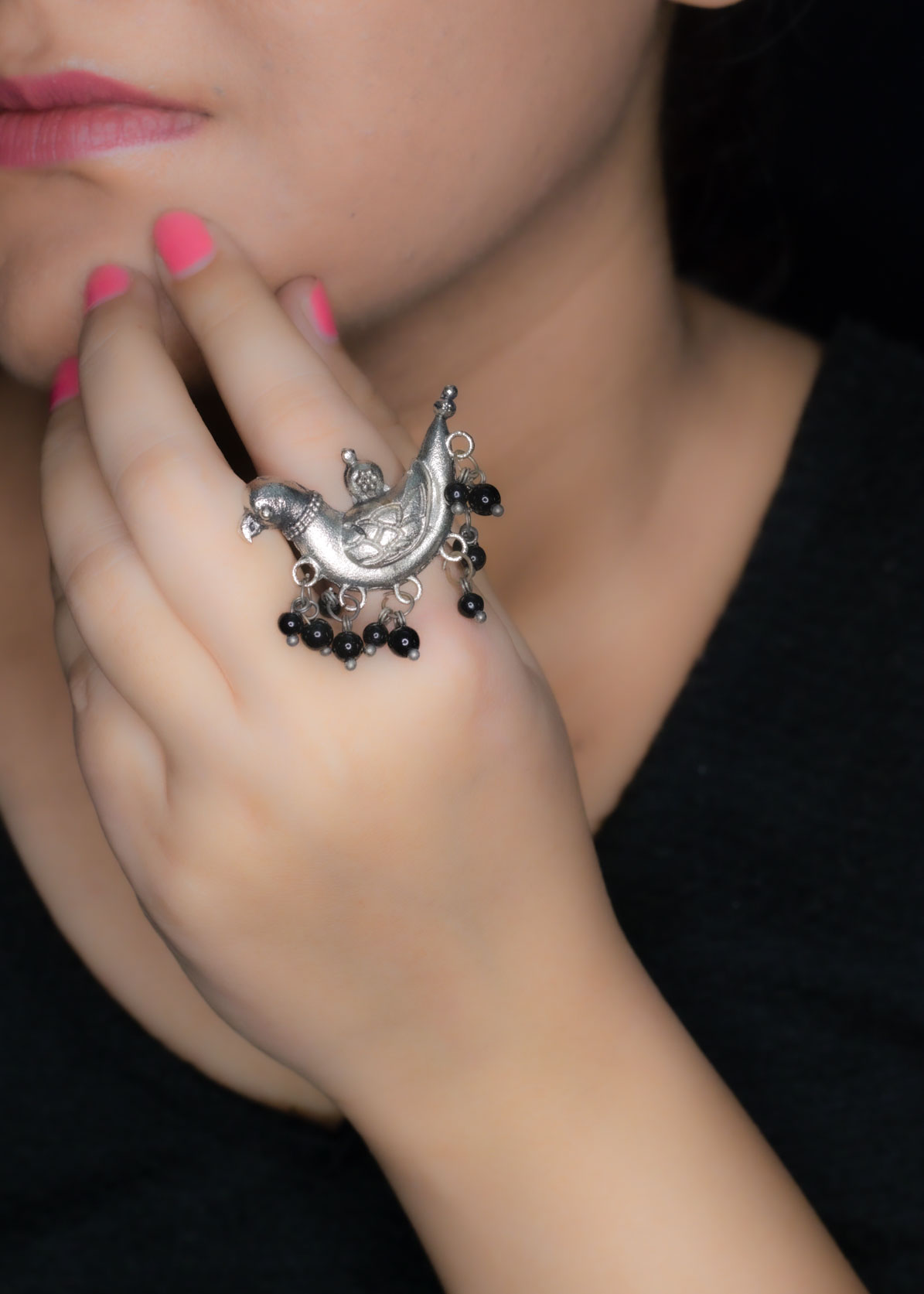 Silver Parrot Black Beads Ring
