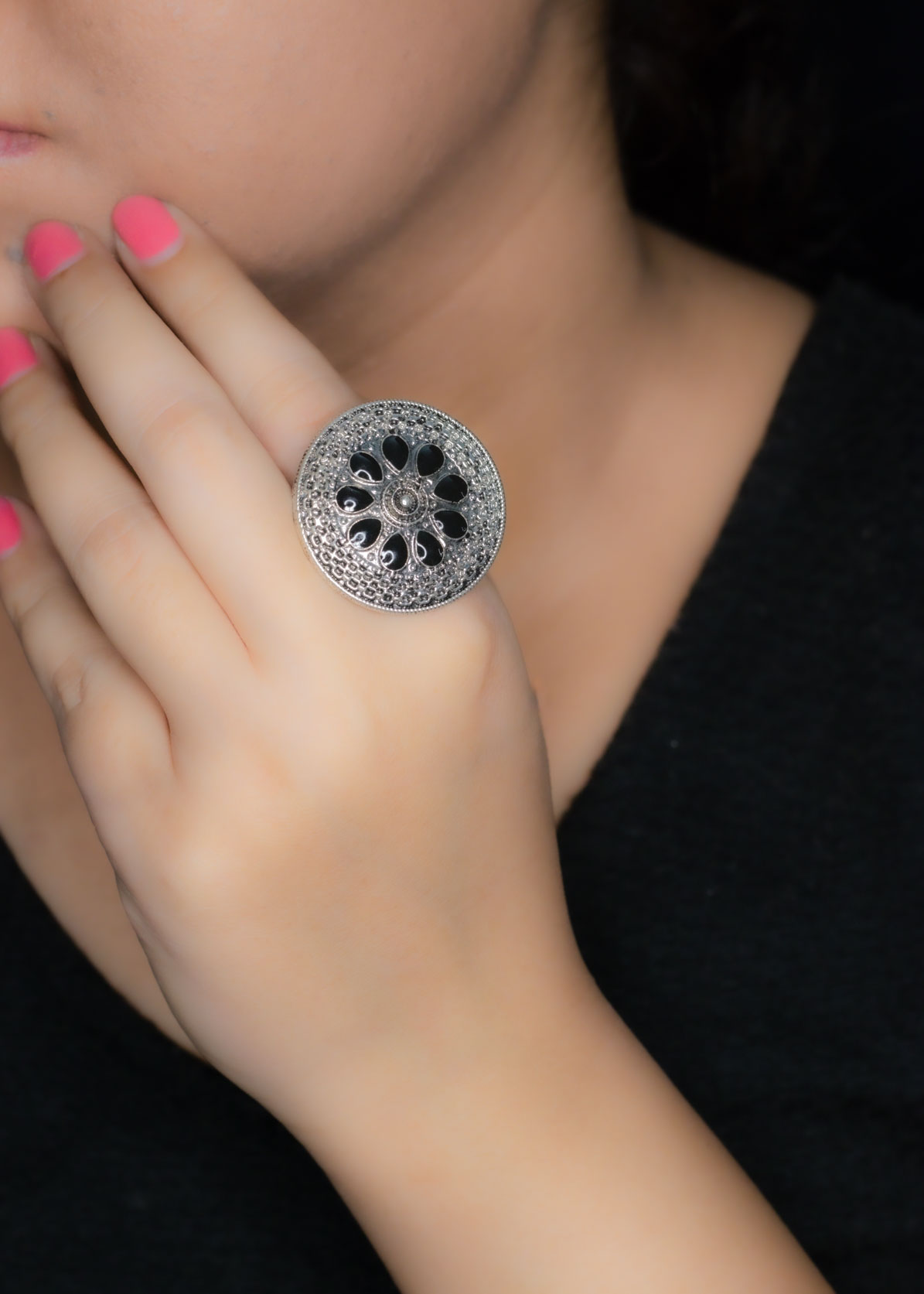 Silver Black Enamel Ring