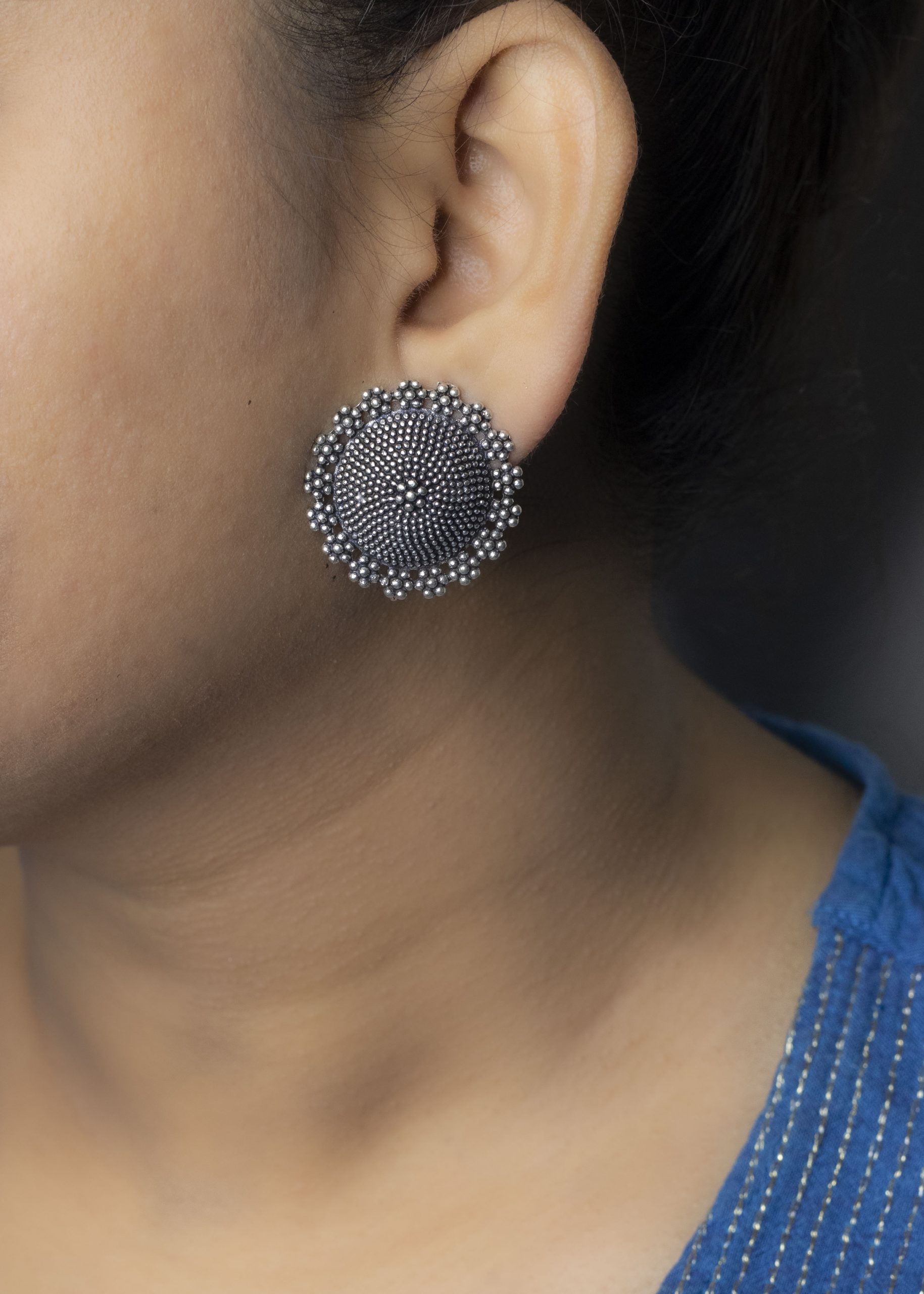 Silver Brass Round Stud Earrings