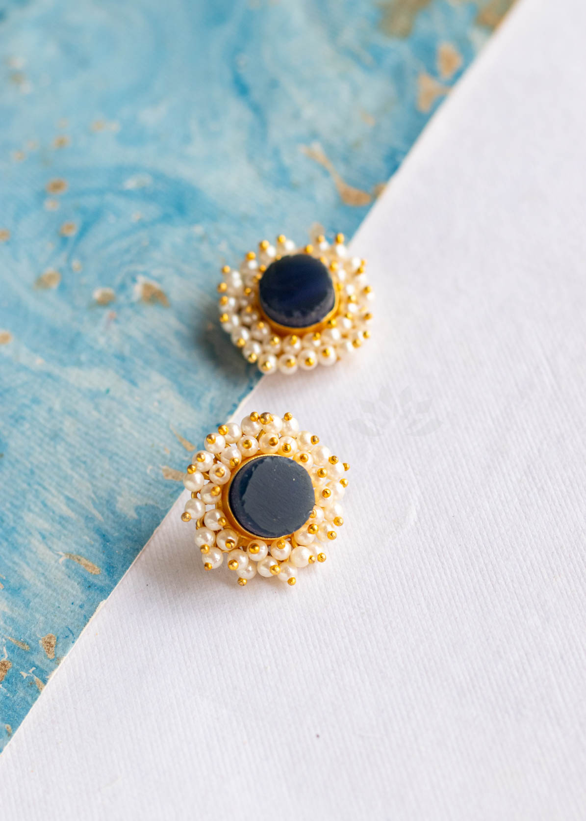 Black Natural Stone Round Small Mogra Moti Stud Earrings