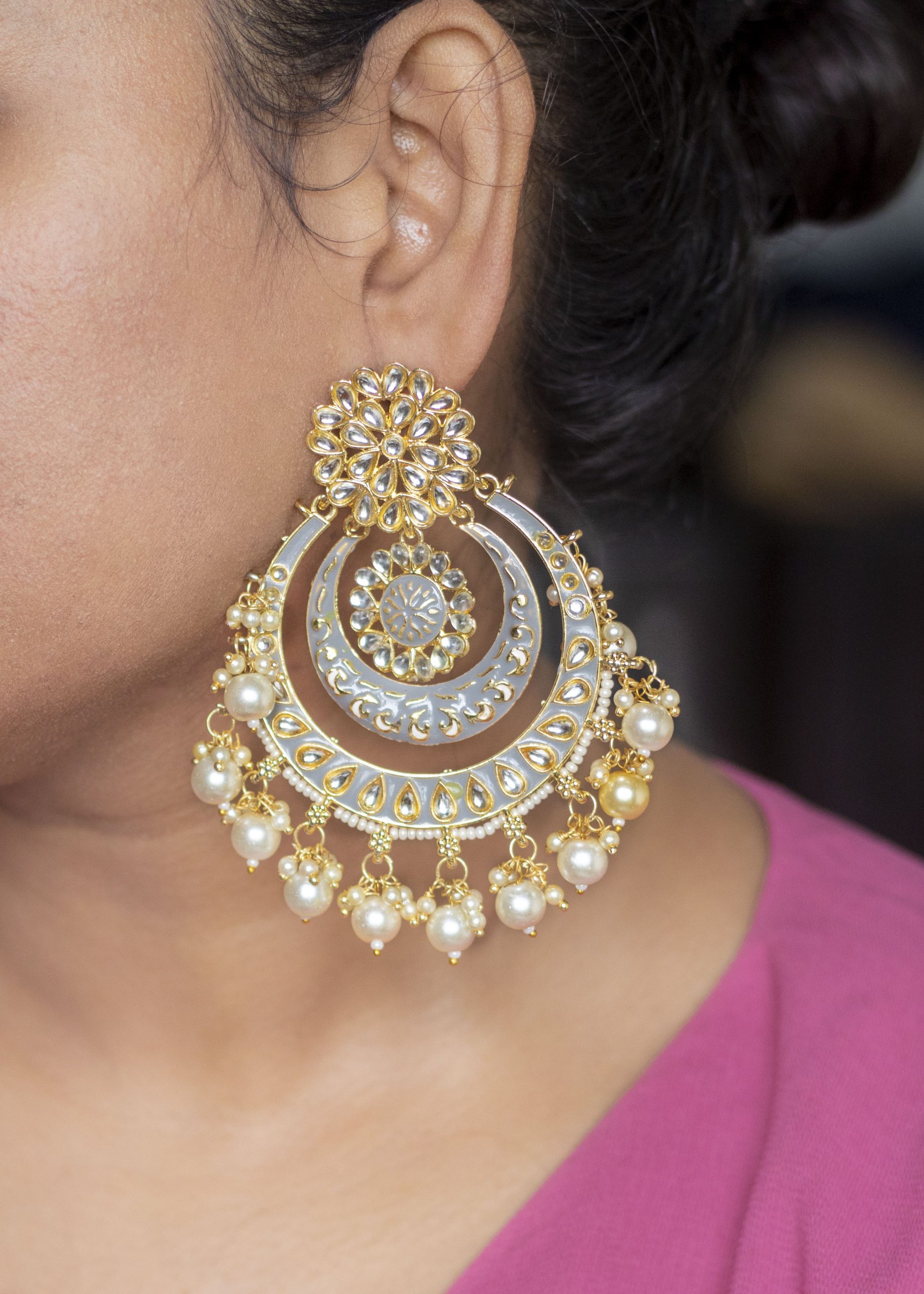 Grey Meenakari Dangler Earrings