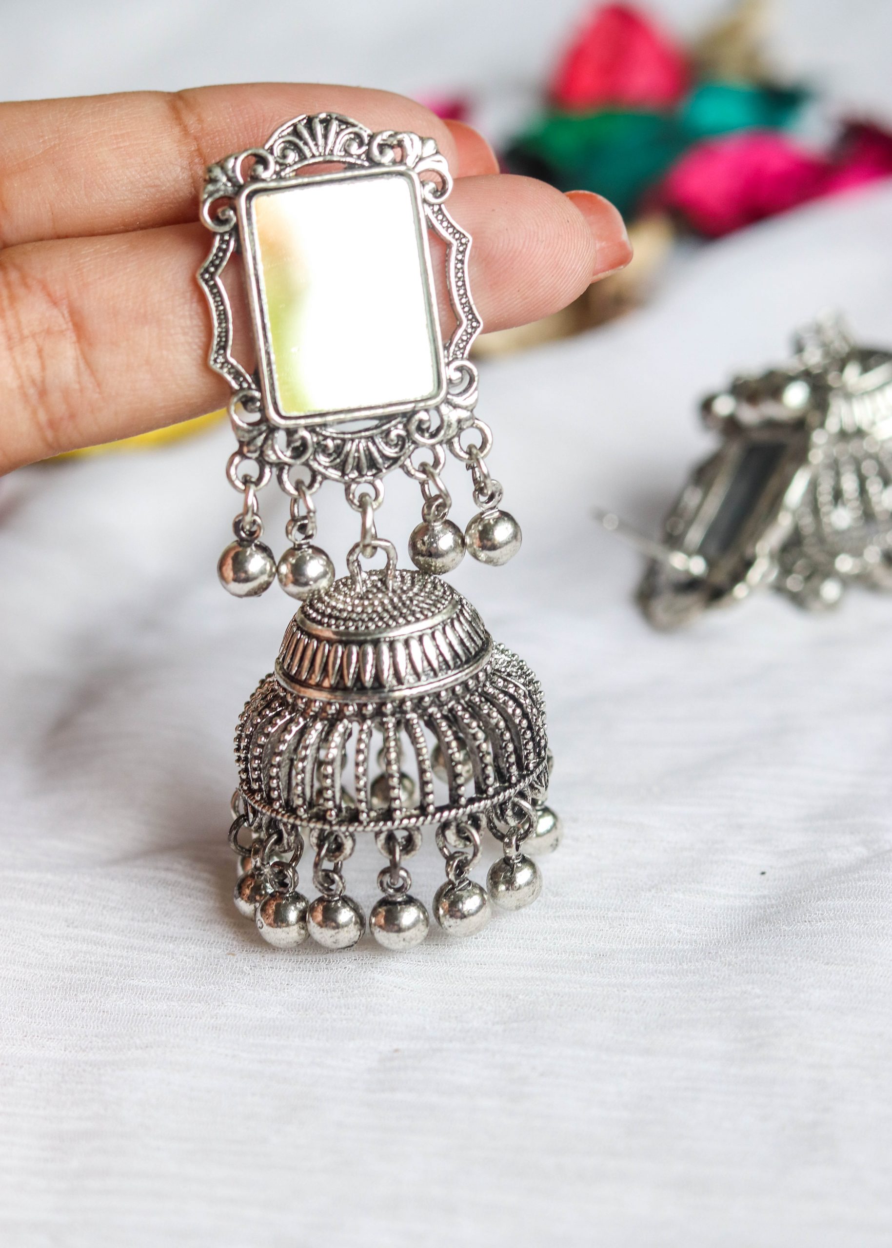 Silver Mirror Jhumka Earrings