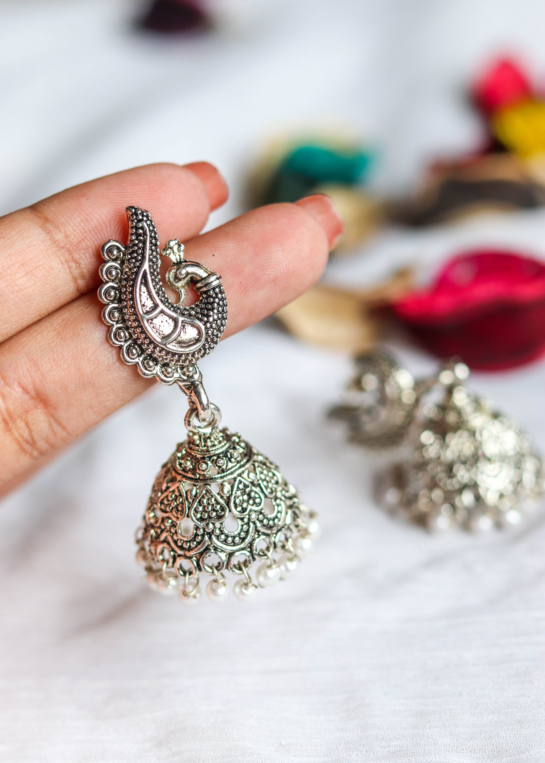 Silver Peacock Jhumka Earrings