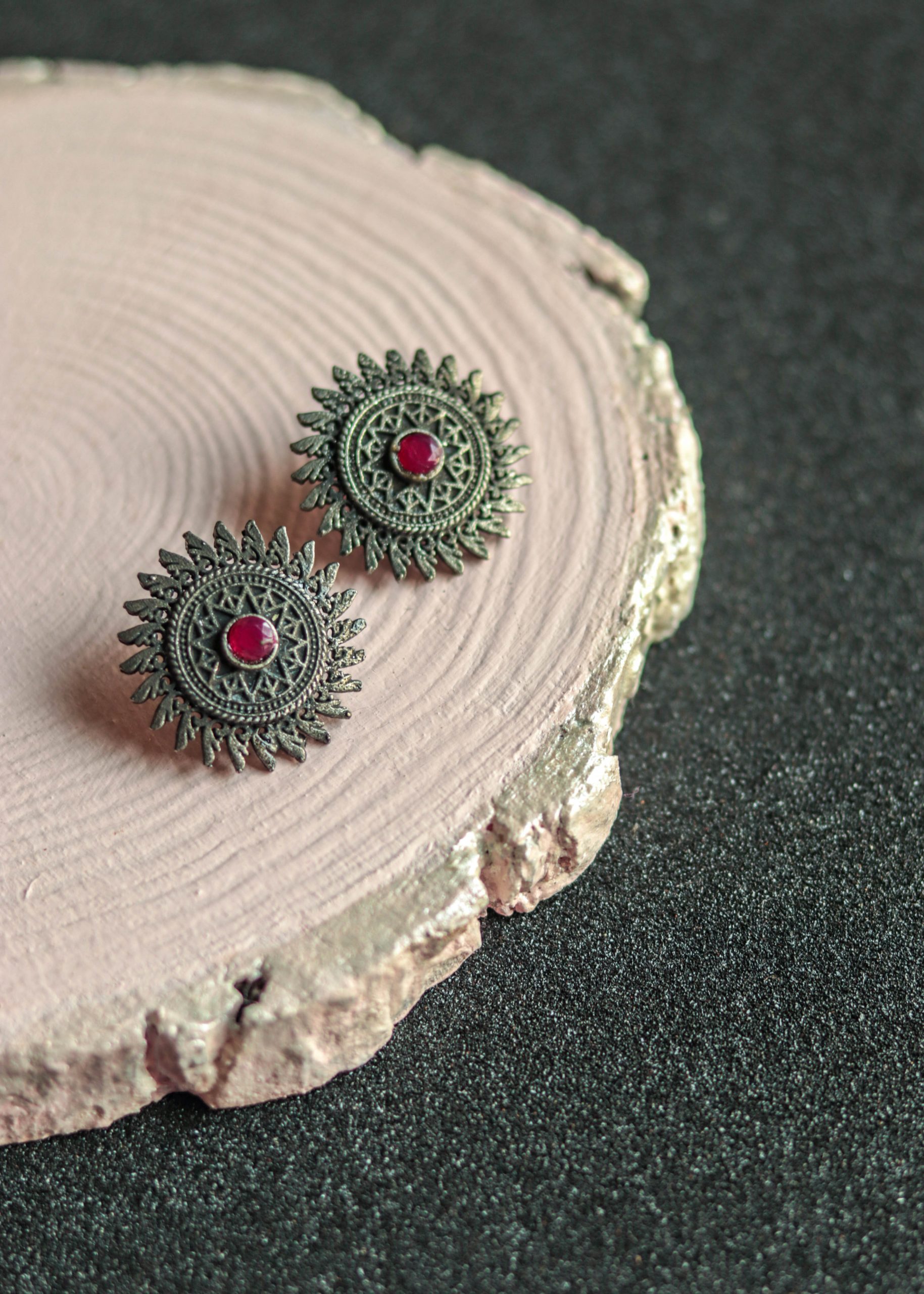 Silver Look Alike Pink Stone Stud Earrings