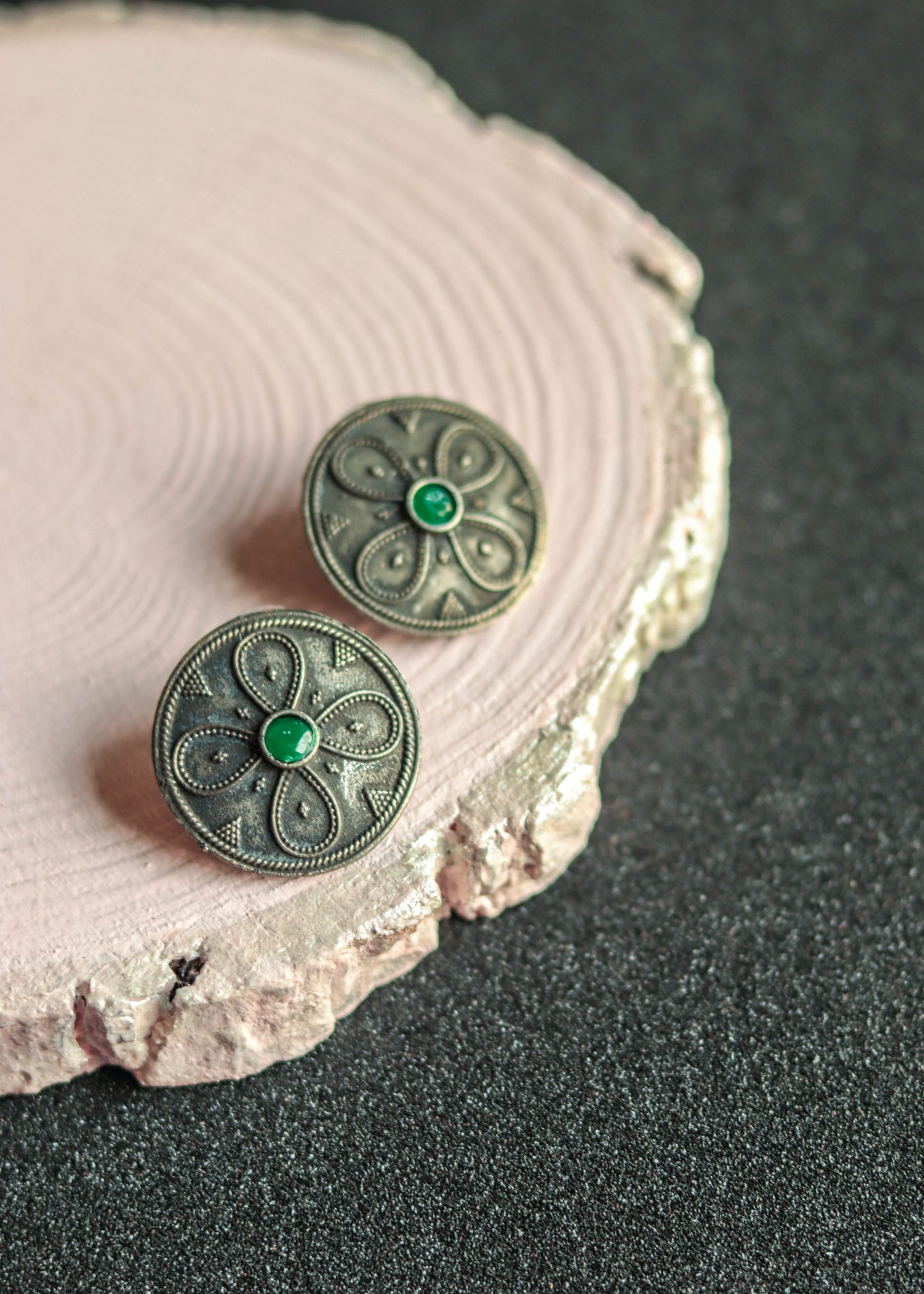 Silver Look Alike Green Stone Stud Earrings