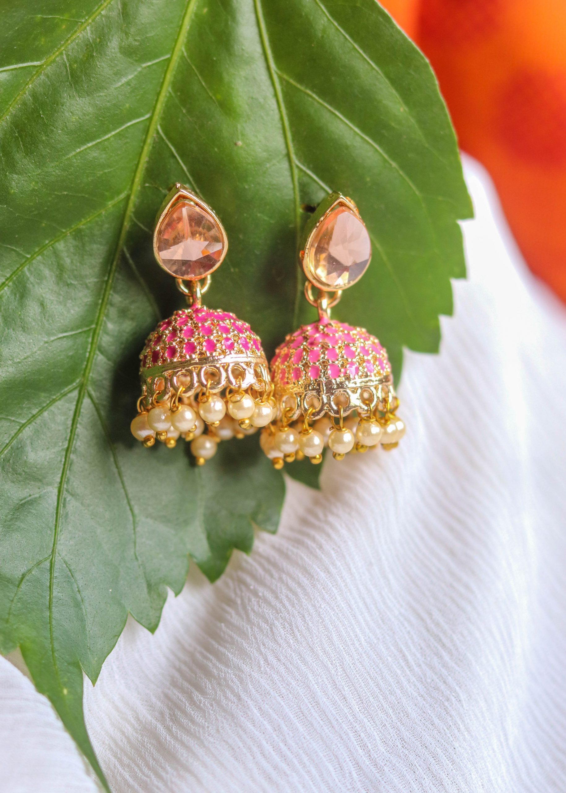 Pink Meenakari Small Jhumka Earrings