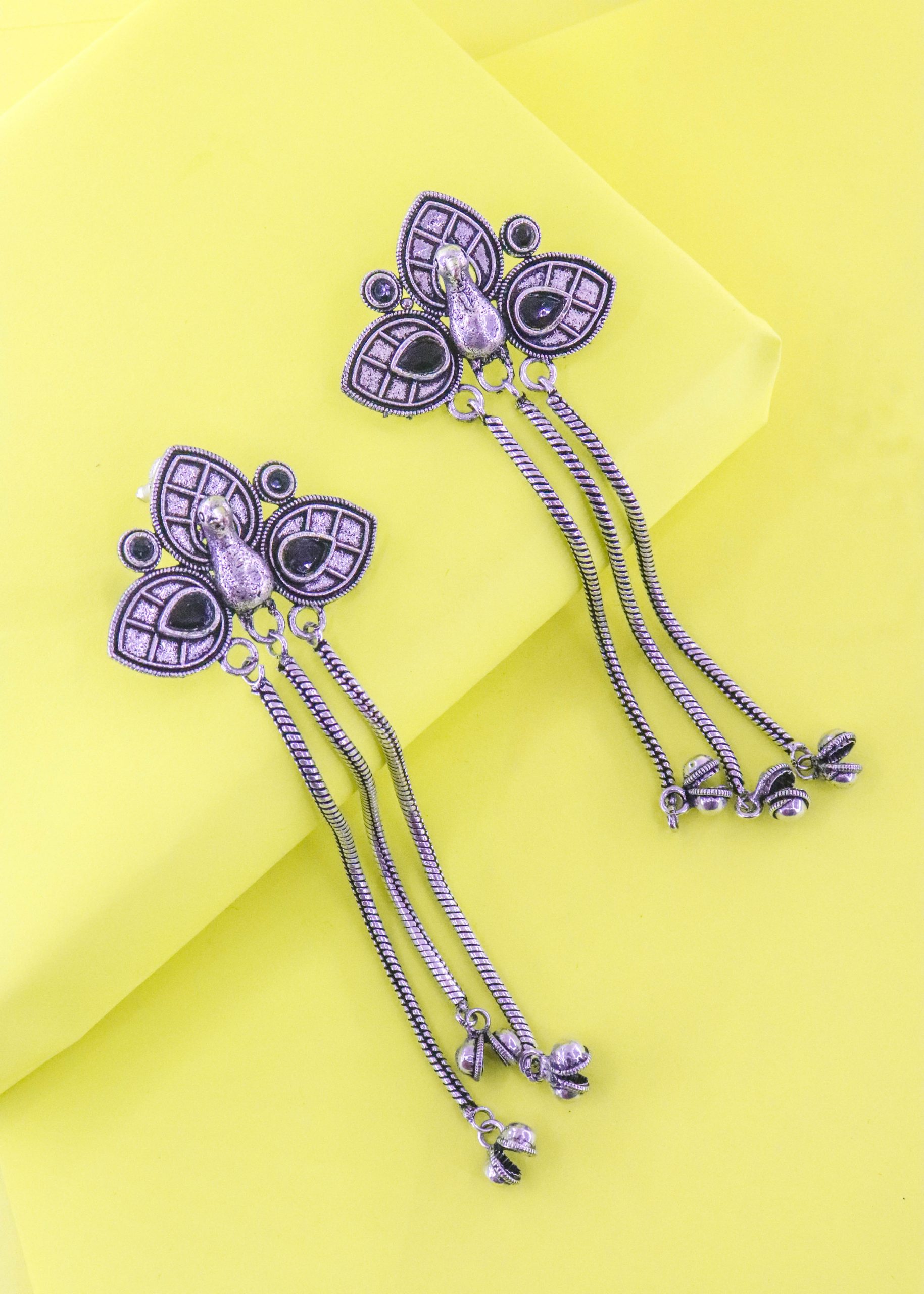 Silver Black Stone Peacock Dangler Earrings