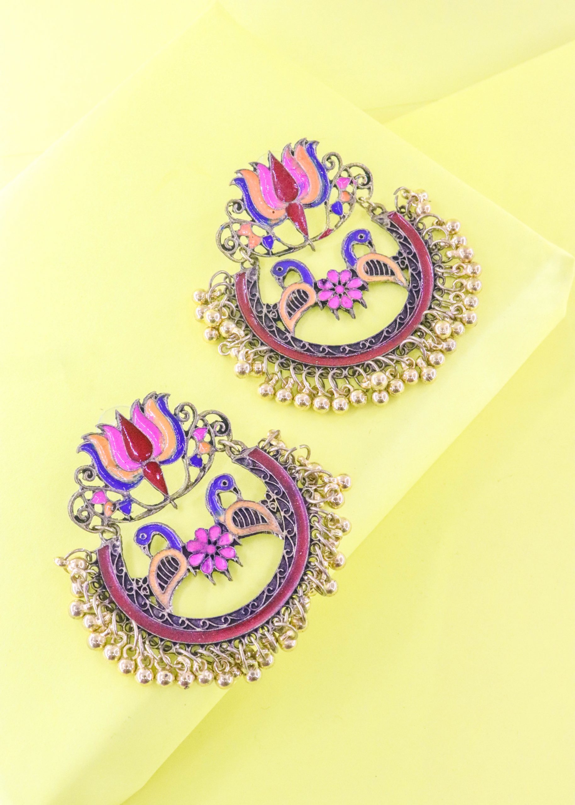 Multicolor Gold Lotus Peacock Dangler Earrings