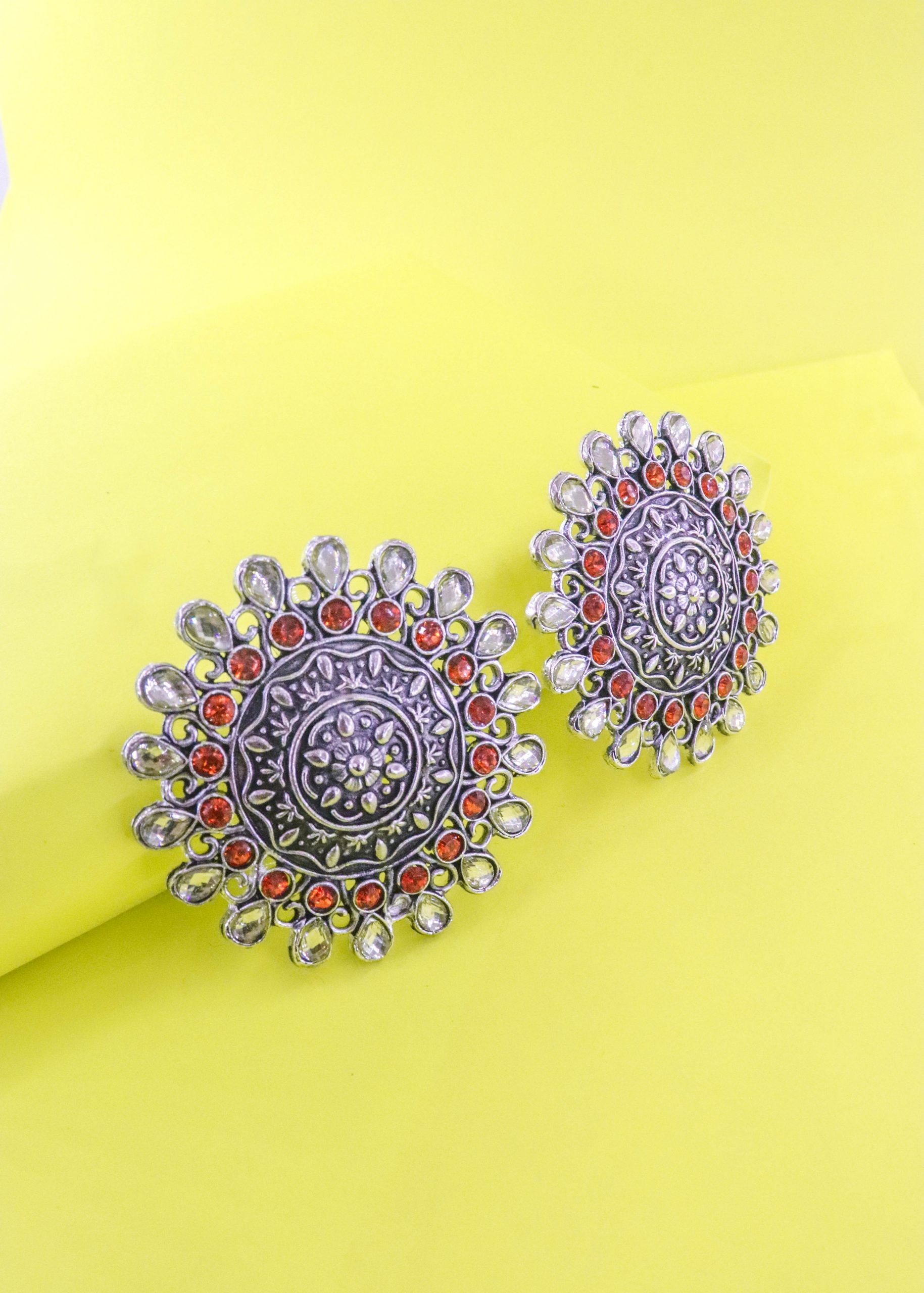 Silver Orange & White Stone Stud Earrings
