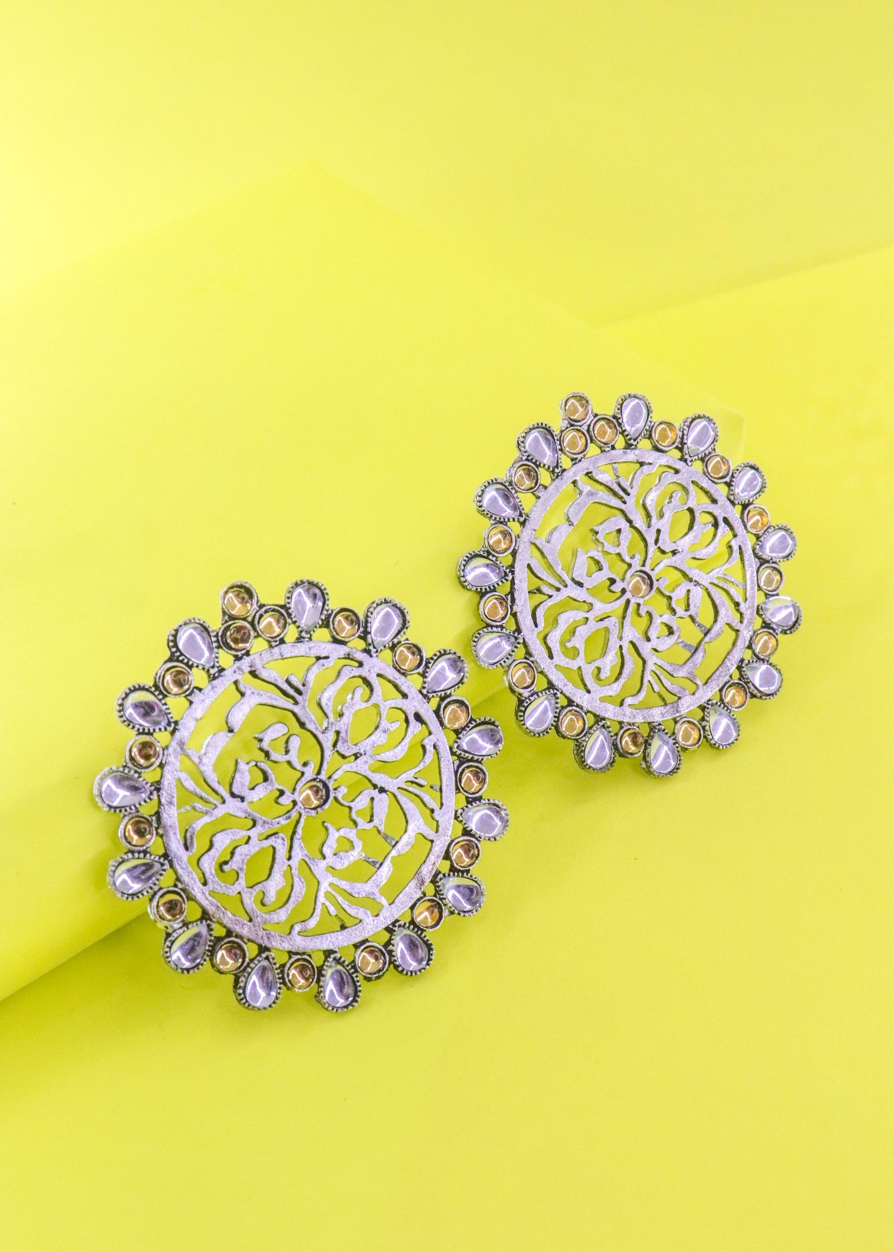 Silver Gold & White Stone Stud Earrings