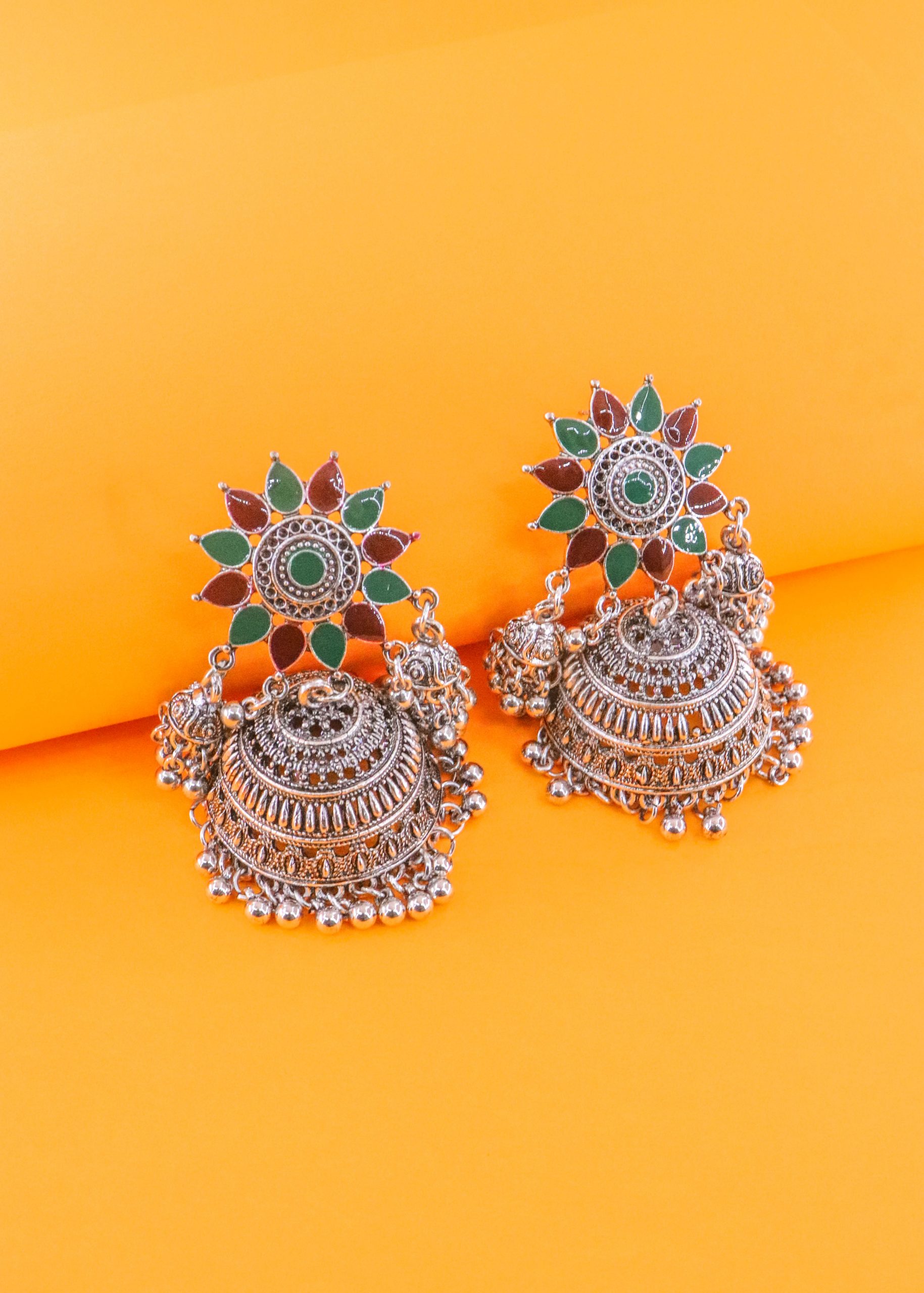 Red & Green Big Jhumka Earrings