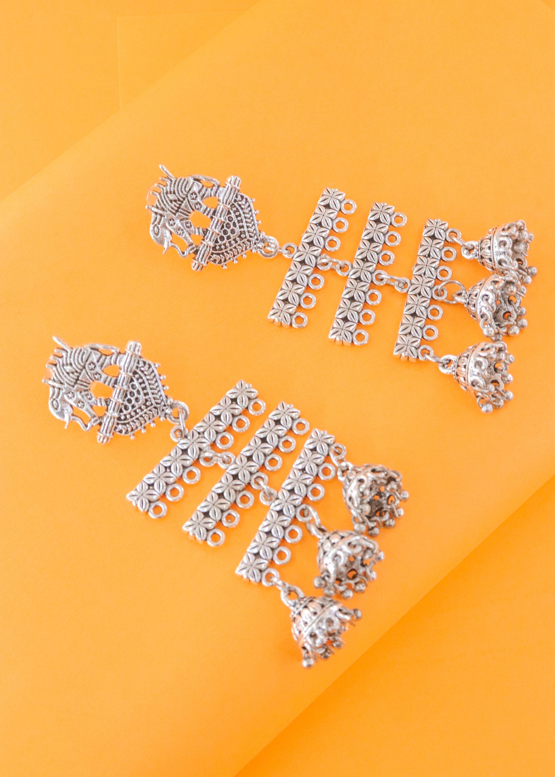 Silver Elephant Three Layer Jhumka Earrings