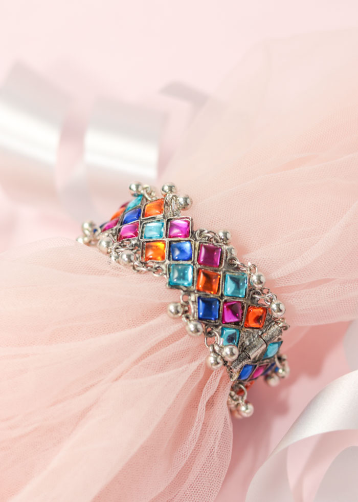 Silver Multicolor Stone Kada Bracelet