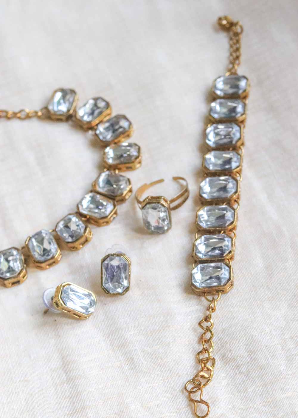 Gold White Stone Necklace Set With Mangtika & Ring