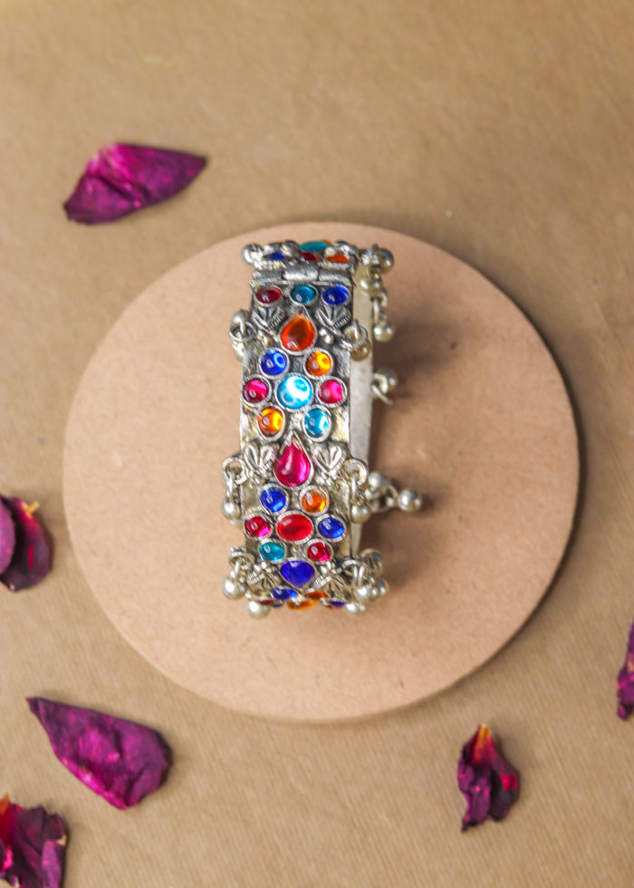 Silver Multicolor Stone Kada Bracelet