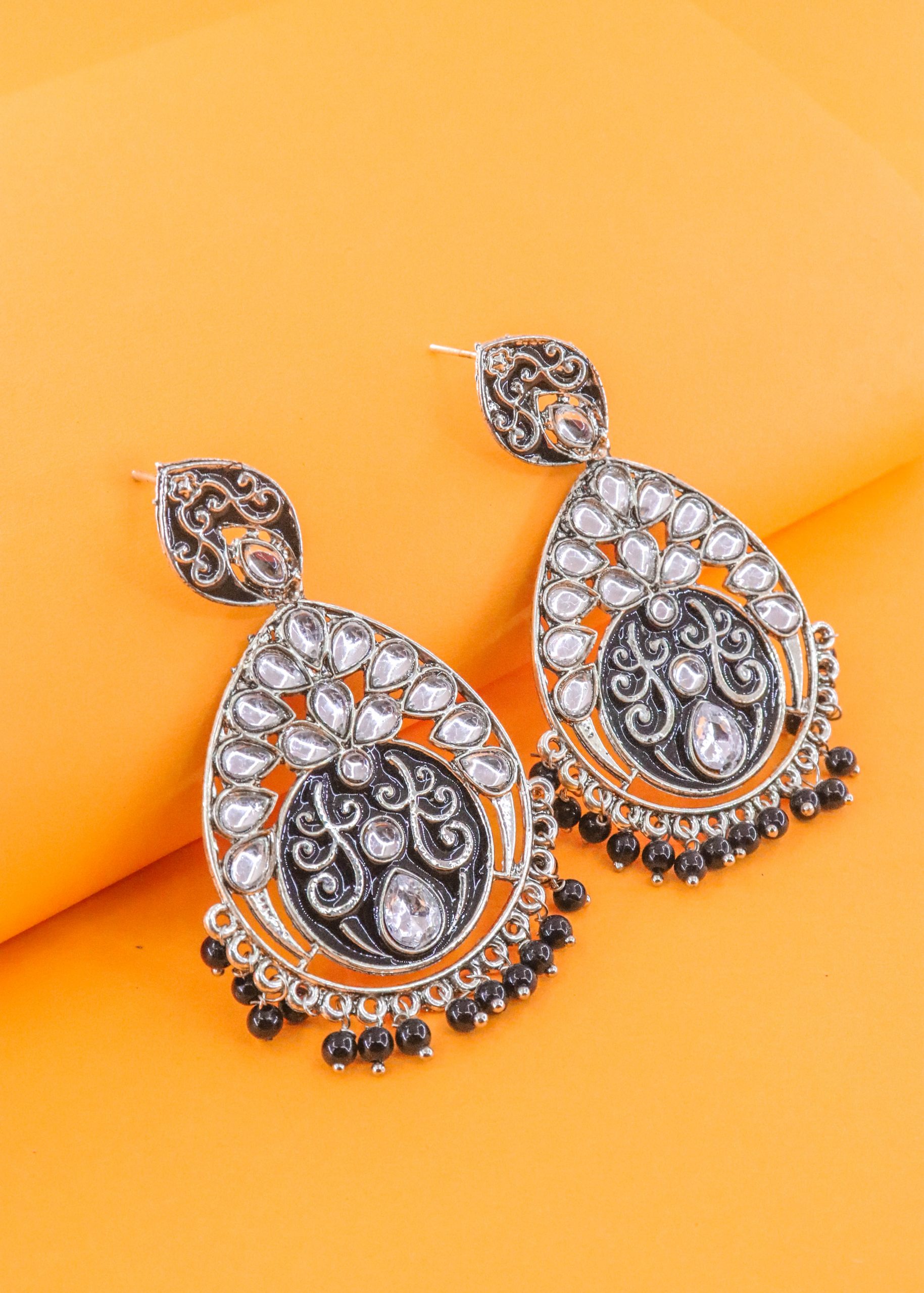 Silver Black White Stone Dangler Earrings