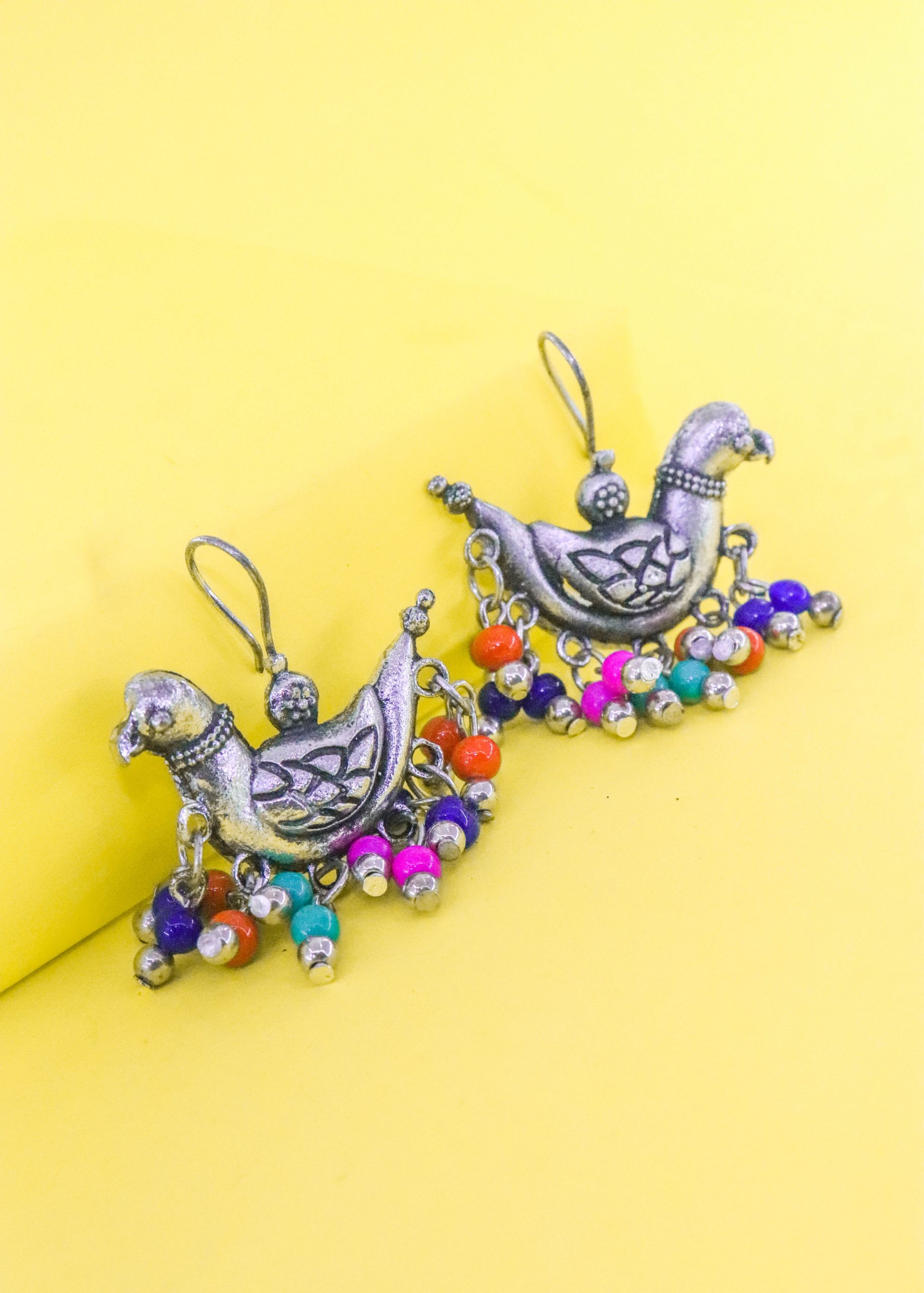 Silver Multicolor Beads Parrot Dangler Earrings