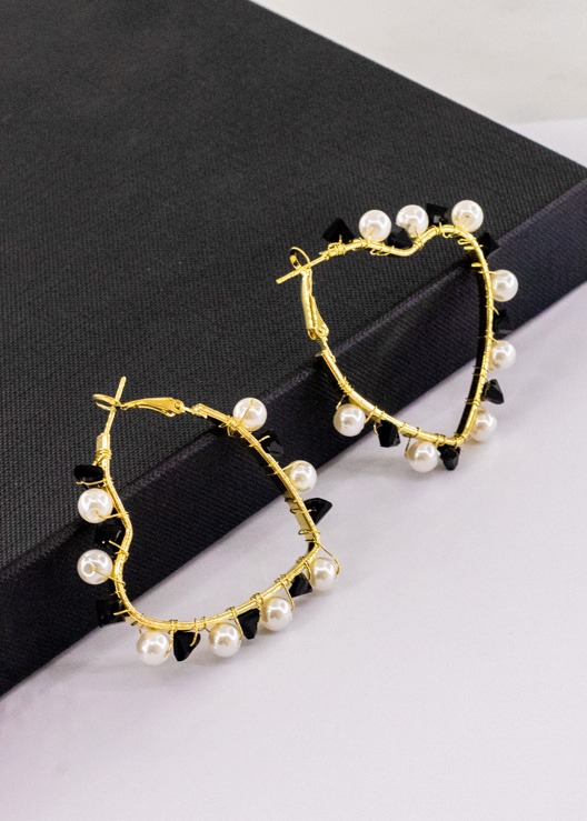 Pearl & Black Beads Heart Gold Hoop Earrings