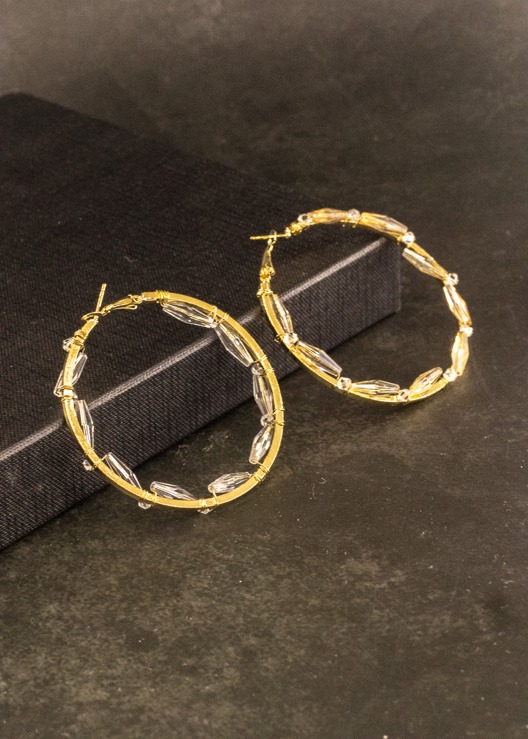 White Crystal Beads Gold Hoop Earrings