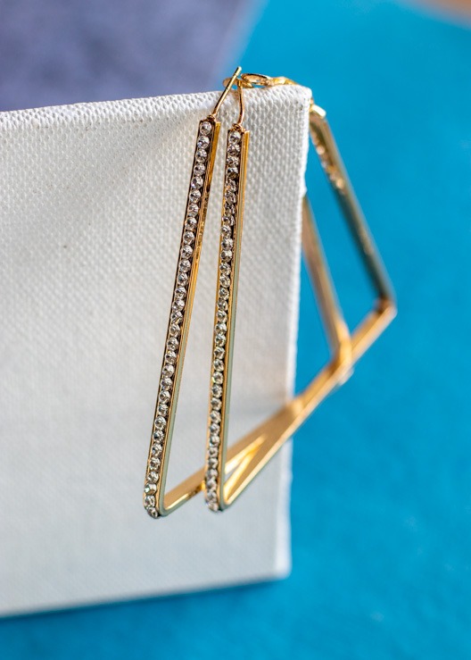 Rhinestone Gold Triangle Hop Earrings