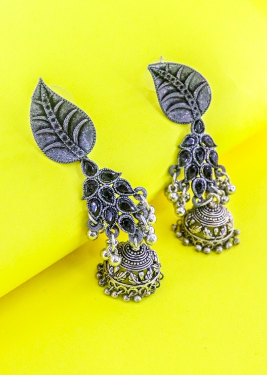 Silver Black Polished Stone Jhumka Dangler Earrings