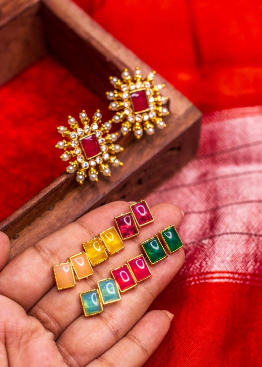 Gold Pearl Square Color Changable Stud Earrings