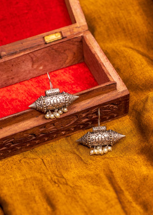 Silver Brass Box Pearl Dangler Earrings