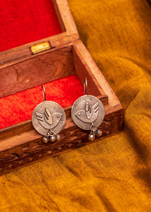 Silver Bass Round Bird Dangler Earrings