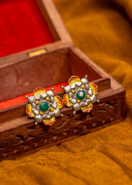 Silver Brass Color Enamled Flower Stud Earrings