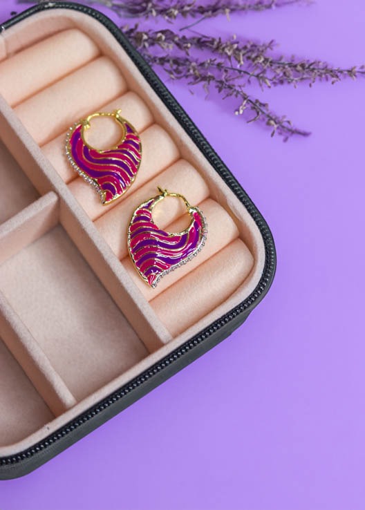 Gold Enamel Striped Stone Hoop Earrings