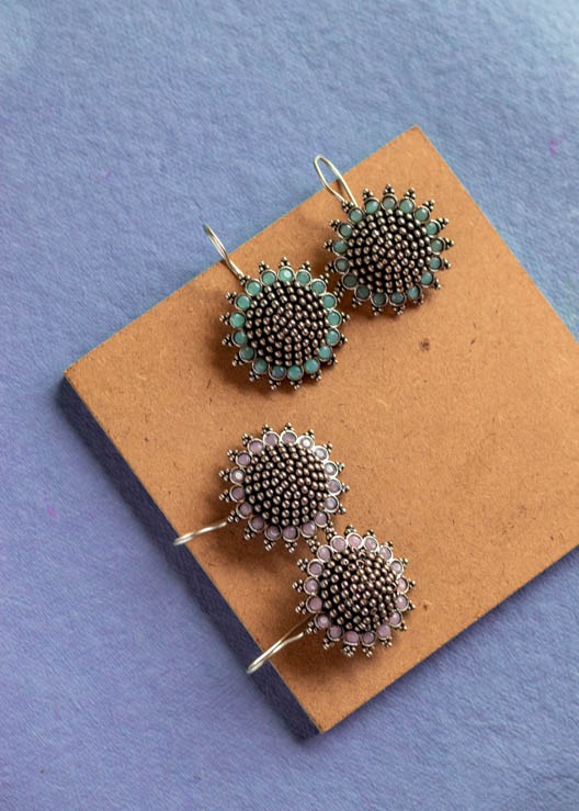 Flower Silver Brass With Stone Dangler Earrings