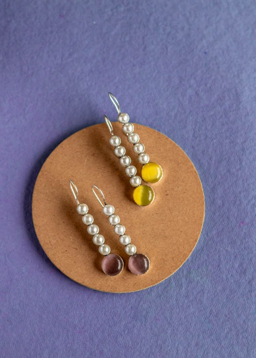 One Line Pearl Stone Silver Stud Earrings