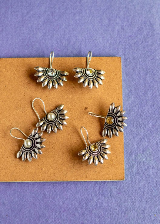 Half Flower Silver Dangler Earrings